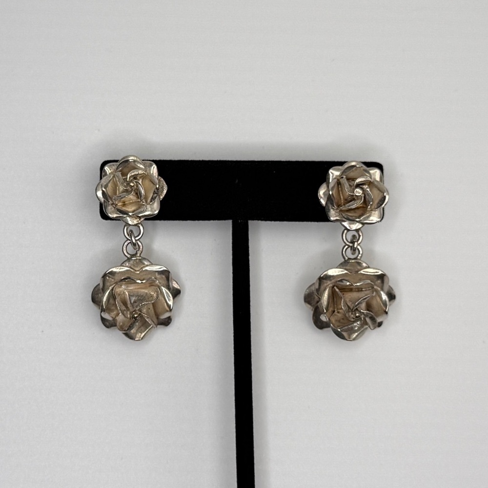 VTG Mexican Sterling Silver Rose Dangling Earrings and Pendant. - Picture 12 of 14